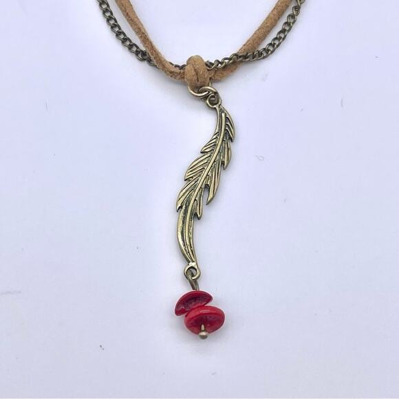 Nine West Vintage America Antiqued Gold-Tone Feather Leather Stone Necklace NWT - Picture 2 of 11